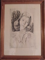 Unique and rare etching by Gyula Hincz - female abstract portrait