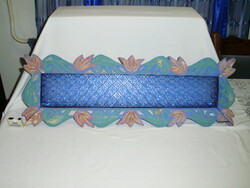 Antique, painted, floral, built-in light window - pine, blue, with convex patterned glass - folk