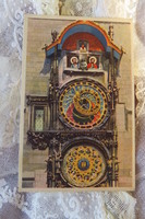 Régi/vintage mechanikus szerkezetű cseh képeslap, Prága, Csillagászati Óra, szentek