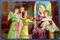 Antik arannyal préselt Karácsonyi üdvözlő képeslap Kisjézus Szűz Mária angyalok