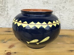 Marked blue vase with fish-fish vase t-224