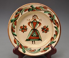 Old earthenware bowl - 24 cm, Transylvania, customs village, with feminine decoration - phenomenal.