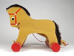 1K091 Retro fa gyerekjáték gurulós fa ló páros 19 cm