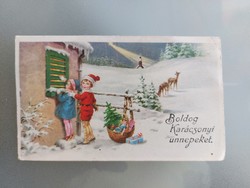 Old Christmas card mini postcard greeting card children fawn blue