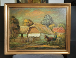 Matthias Réti: rural life (full size 70x90 cm) oil, wood fiber, carriage, horse