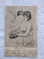 Antik/szecessziós, hosszúcímzéses grafikus képeslap/üdvözlőlap angyal, hölgy, rózsa 1901