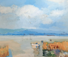 Balaton boathouse (with frame 52x62 cm) oil-on-wood - , panorama, lake landscape with mountains in the background