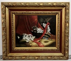 Very old, wonderful cat painting, in an antique frame (size 33 x 38, oil)