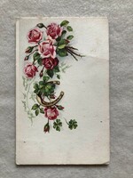 Antik litho Újévi képeslap, Rózsa, lóhere, patkó