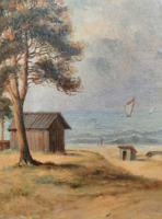 Waterside landscape with sailboats (oil painting) waves, sea
