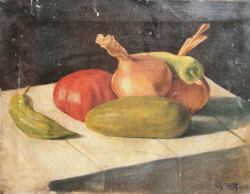 Still life with vegetables from 1915 (oil, canvas, 31x42 cm) with Croatian mark Sily, table still life