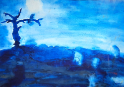Night Landscape at Full Moon, 1974 (watercolour) shades of blue, modern, contemporary, unidentified