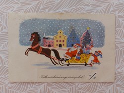 Old Christmas card k. Drawing by Kató Lukats of Santa's sleigh