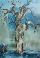 Lonely tree with twisted branches - saly németh? Surreal painting from 1980