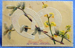 Antik  dombornyomott Húsvéti üdvözlő litho képeslap barka szerencsepatkó pár