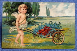 Antik dombornyomott üdvözlő litho képeslap angyalka talicska szív nefelejcs tájkép