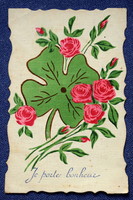 Antik festett vagy szitázott üdvözlő képeslap nagy lóhere rózsák