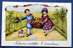 Art deco grafikus Névnapi üdvözlő képeslap gyerekek virággal (horvát)