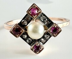 397T. 1 Forintról! Antik 14k Arany (2,1 g) gyűrű, apró Holland Rózsa gyémántokkal Rubinokkal gyöngy!