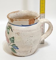 Folk, white-glazed, colorful flower-patterned ceramic belly mug (2317)