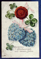 Antik dombornyomott  Újévi litho üdvözlő képeslap lóhere nefelejcsből szívek pecsét