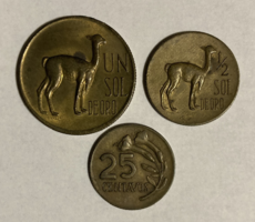 Peru 1 sol 1970, 1/2 sol 1970: vikunya  25 centavos 1967