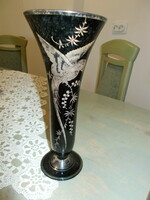 Nagyon szép madaras szeci fekete üveg váza ezüst madáras berakással