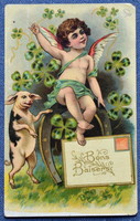 Antik üdvözlő litho képeslap angyalka szerencsepatkón lóhere vidám malac