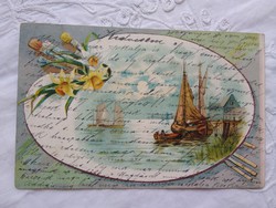 Antik/szecessziós, litho/litográfiás, tájképes képeslap, hajó, holdfény, vitorlás, nárcisz 1903
