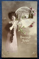 Antique New Year greeting photo postcard lady holly landscape