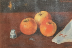 Apple still life with thimble, in a nice frame - oil, canvas, unidentified mark, fruit still life