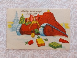 Régi karácsonyi rajzos képeslap levelezőlap tank ajándékszóró angyalok II. vh