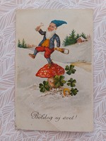 Régi újévi képeslap 1937 levelezőlap törpe gomba lóhere pezsgő szerencsepatkó