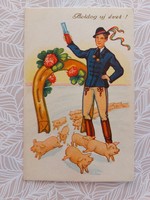 Old New Year's postcard picture postcard Hungarian folk costume pigs clover lucky horseshoe