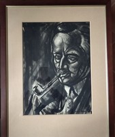 A curiosity! Zoltán Borbereki-kovács self-portrait with pipe - original ink drawing!