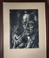 Curiosity! Borbereki-Kovács Zoltán Self-Portrait with Pipe - Original Ink Drawing!