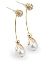 Double earrings, drop-shaped white glass beads with golden metal petals and bent metal thread
