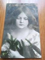 Antik fotó képeslap, kézzel színezve bájos kislány, 1908