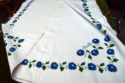 Old ethnographic embroidered azure mariska sig. Linen table cloth Highland needlework 145 x 100 cm