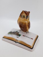 Bodrogkeresztúr ceramics, owl sitting on a book, Budapest
