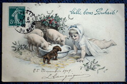 Antik Vienne stílusú grafikus Újévi üdvözlő  képeslap baba malacok tacskó fagyöngy