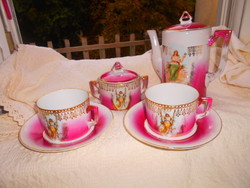 Antik jelenetes 2 személyes csehporcelán teás -2 csésze+2 csészealj+kancsó+cukortartó
