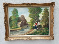 Landscape with male and female figures - in original restored frame