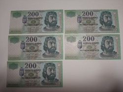 Rare 5 numbered HUF 200 banknotes 2006 unc
