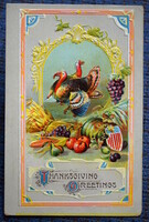 Antik dombornyomott Hálaadási üdvözlő képeslap  pulykák gyümölcsök amerikai zászló
