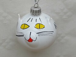 Régi üveg karácsonyfadísz cicafej fehér macska üvegdísz