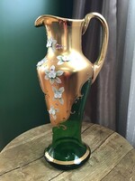 Régi Bohémia Cseh üveg kancsó 24k arany díszítéssel kézműves virágokkal díszítve
