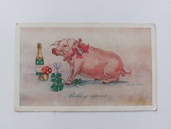 Régi újévi mini képeslap Bacsa János rajza levelezőlap malacos üdvözlőkártya