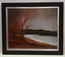 Art deco folyópart - (olaj , k.m. 31 x 36, új keretben )