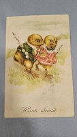 Régi húsvéti képeslap, üdvözlőlap, levelezőlap, kiscsibék, barkával 1927